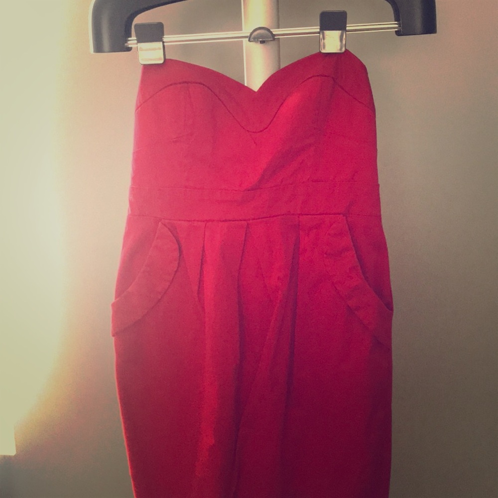 Red strapless dress